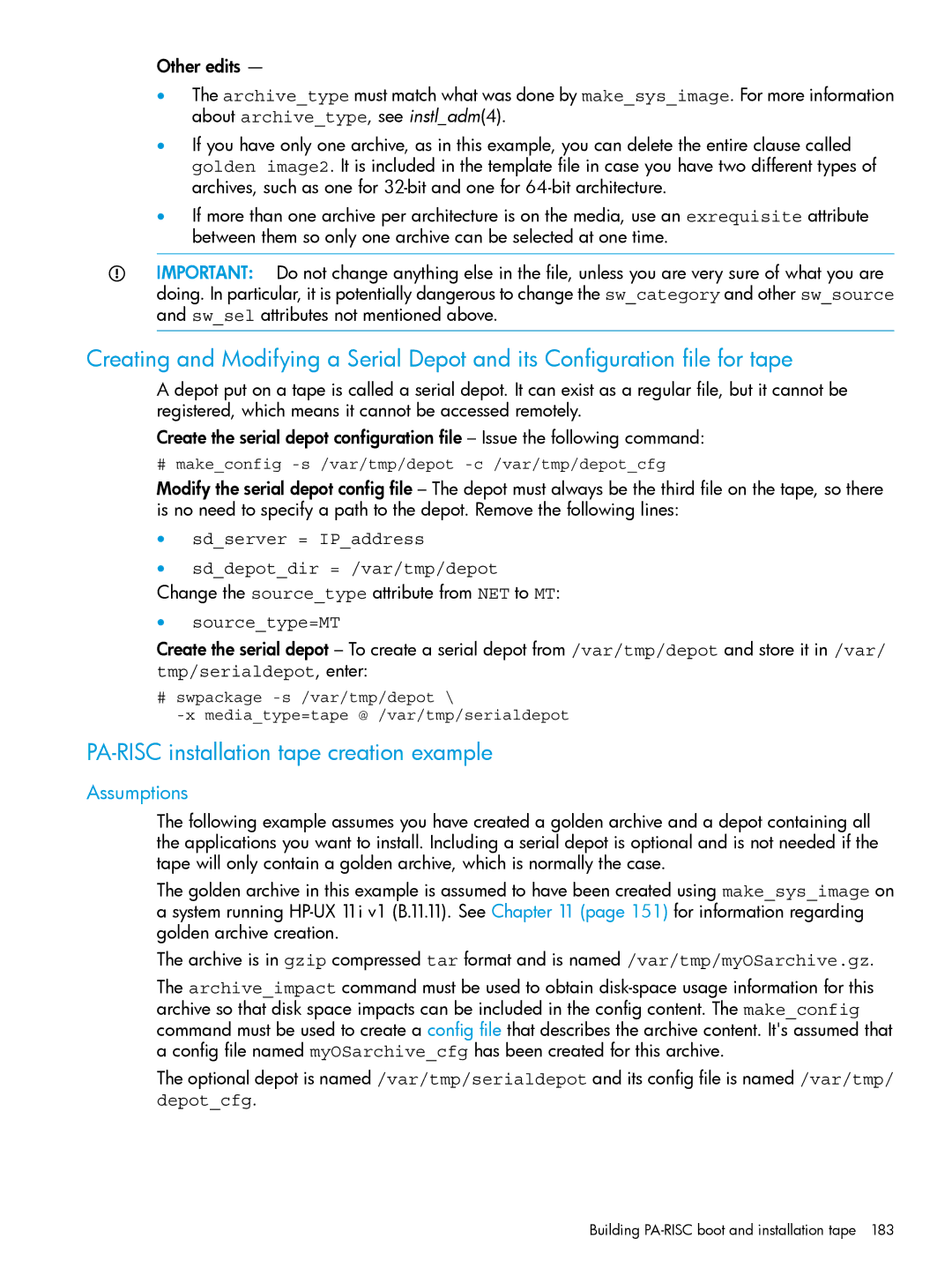 HP UX System Management Software manual PA-RISC installation tape creation example, Assumptions, Sourcetype=MT 