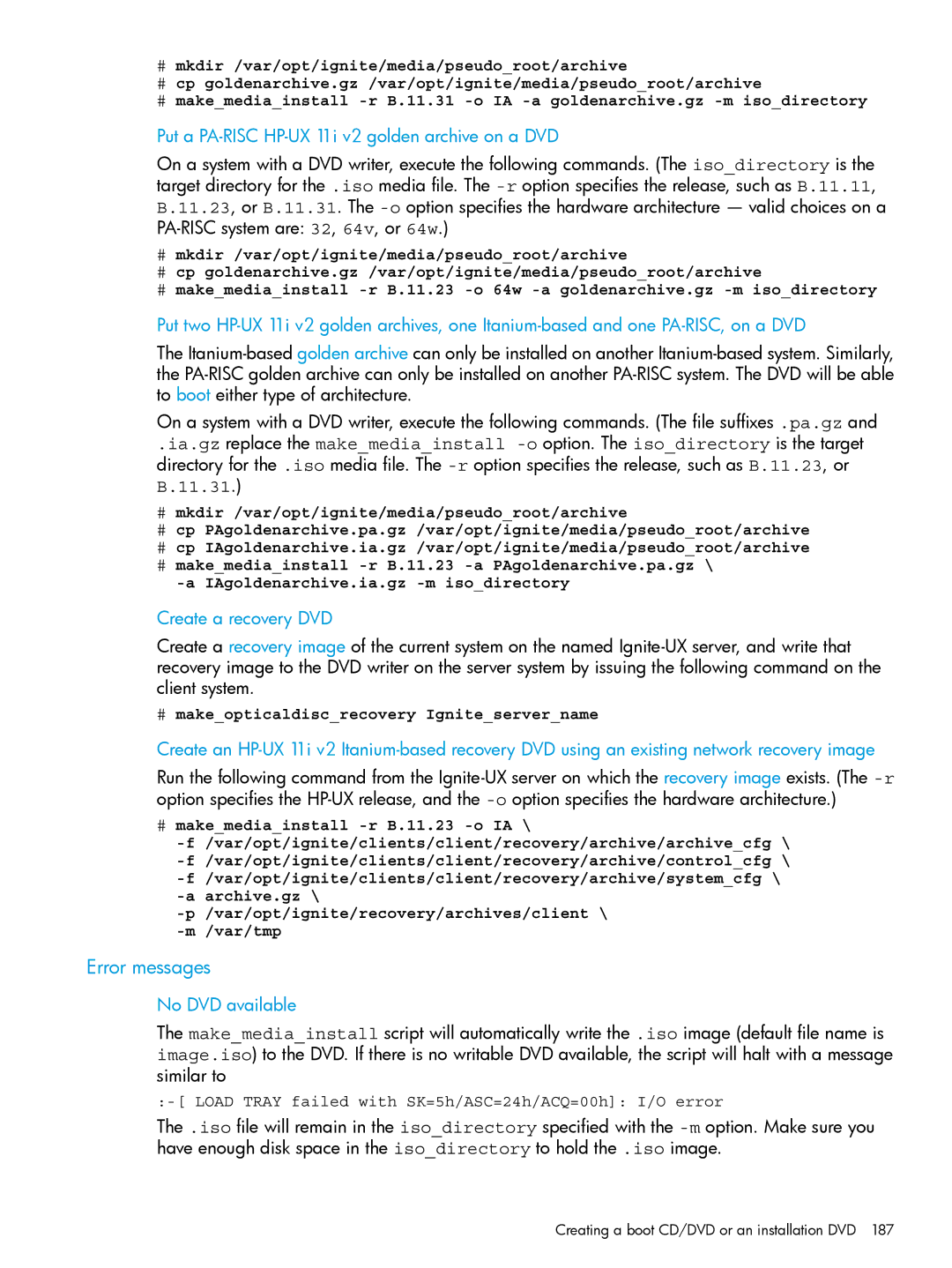 HP UX System Management Software Error messages, Put a PA-RISC HP-UX 11i v2 golden archive on a DVD, Create a recovery DVD 