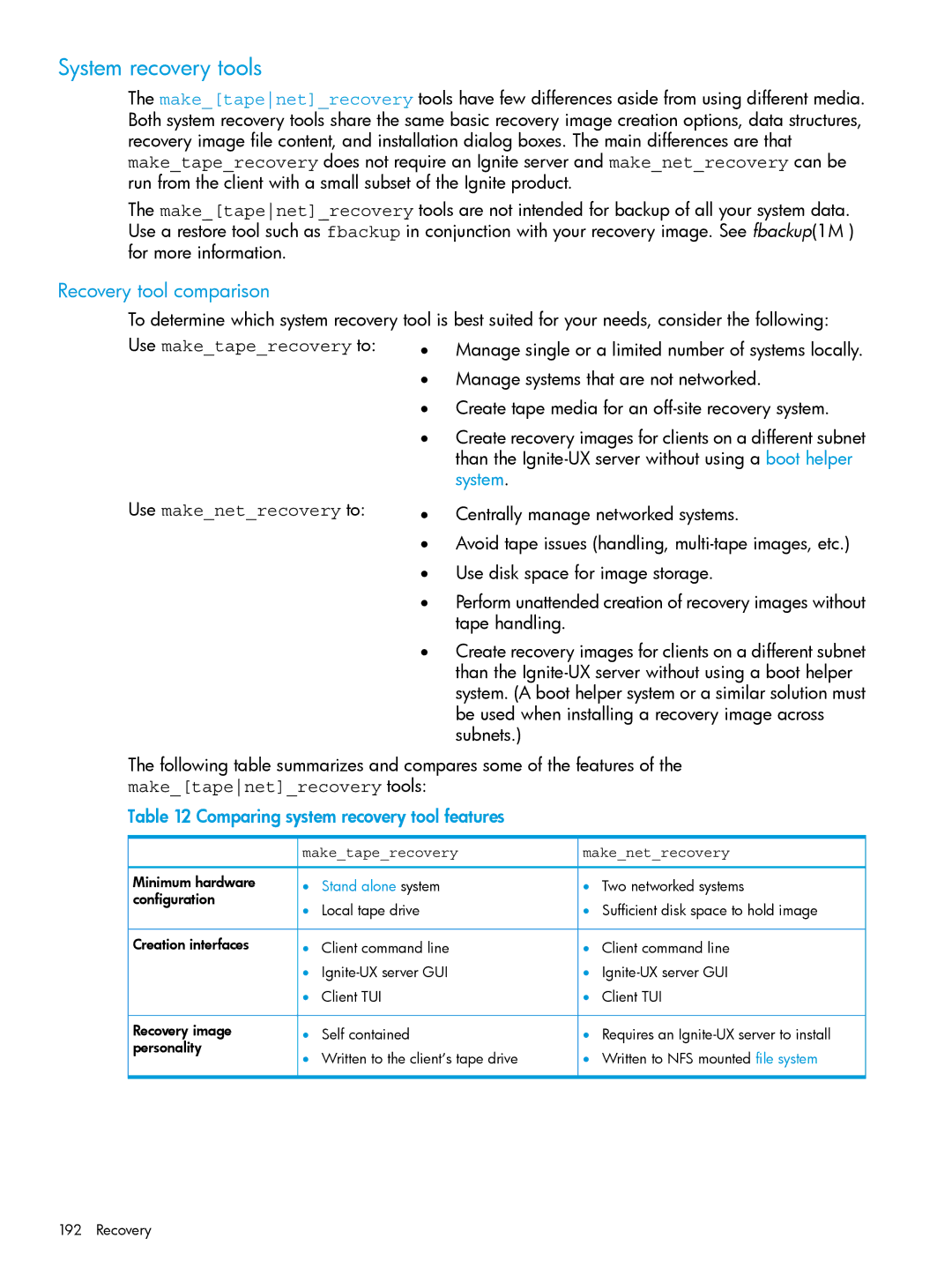 HP UX System Management Software manual System recovery tools, Recovery tool comparison, Use maketaperecovery to 