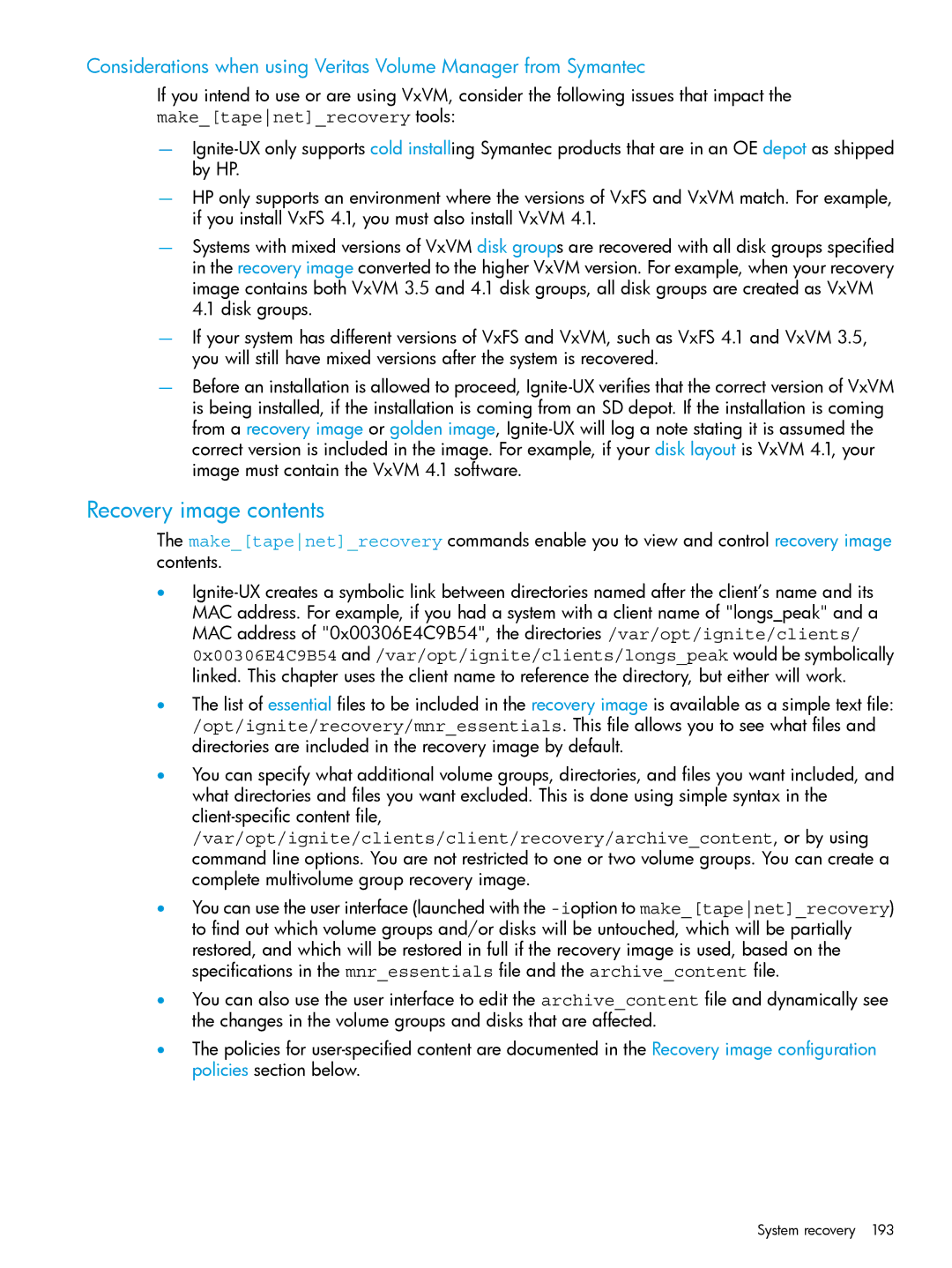 HP UX System Management Software manual Recovery image contents 