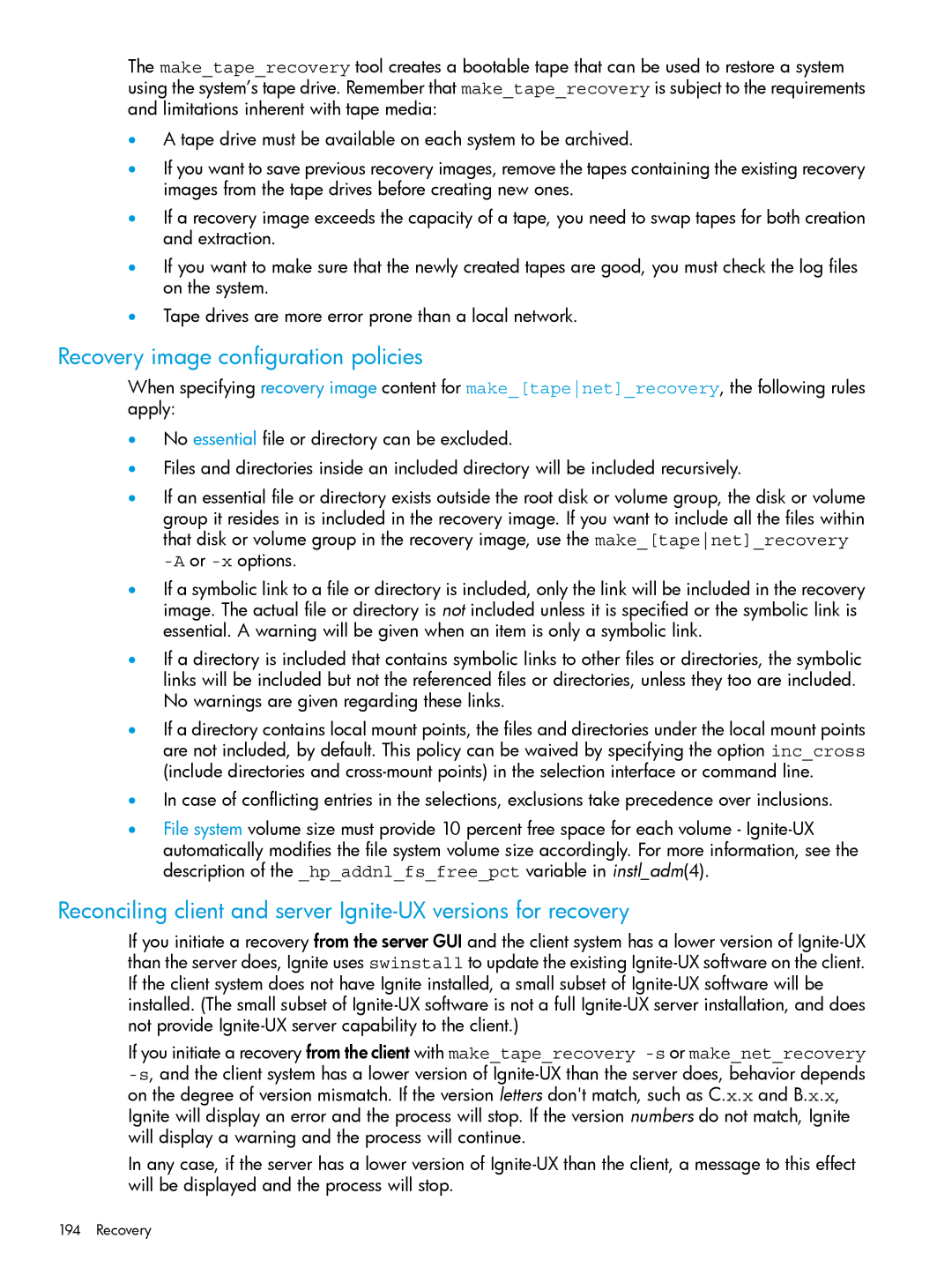 HP UX System Management Software manual Recovery image configuration policies 