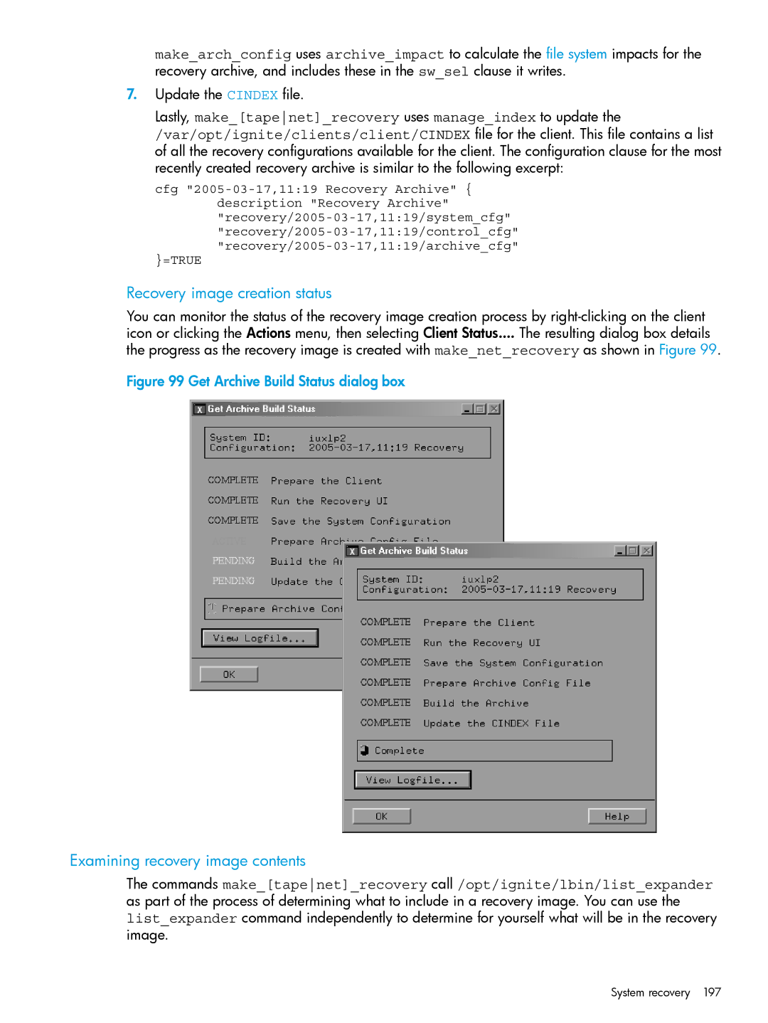 HP UX System Management Software manual Recovery image creation status, Examining recovery image contents 