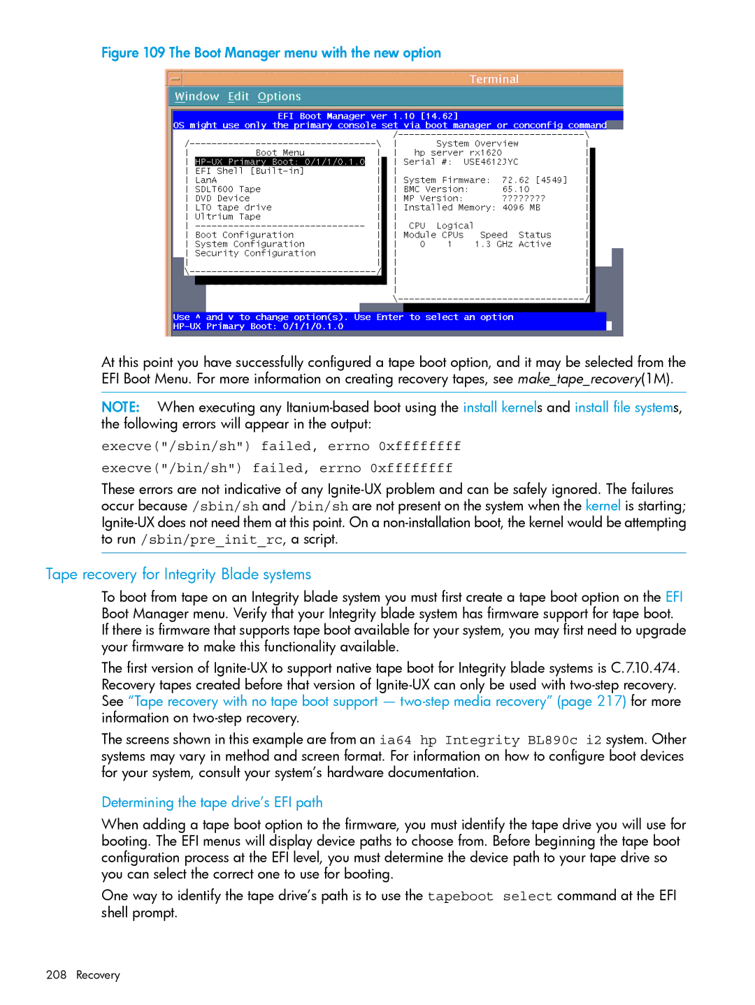 HP UX System Management Software manual Tape recovery for Integrity Blade systems, Boot Manager menu with the new option 