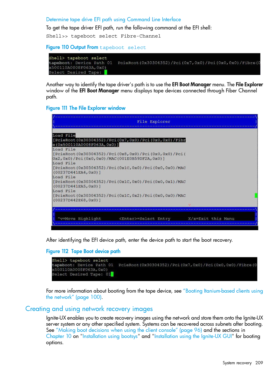 HP UX System Management Software manual Creating and using network recovery images, Shell tapeboot select Fibre-Channel 