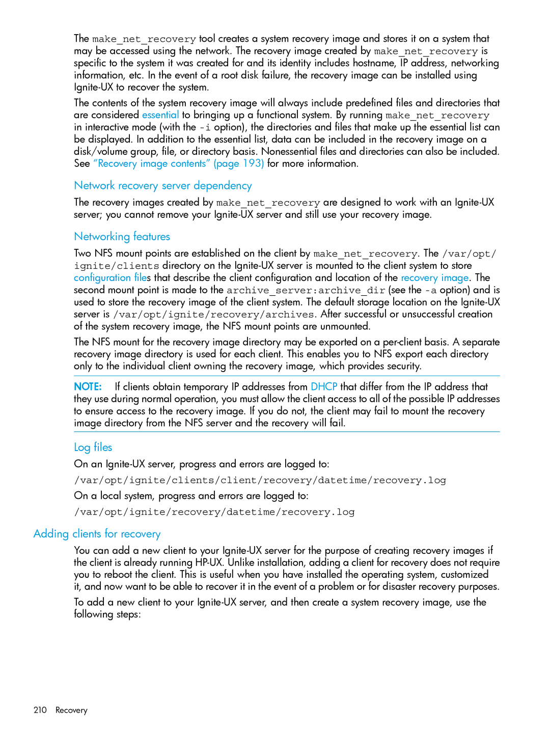 HP UX System Management Software manual Network recovery server dependency, Networking features, Log files 