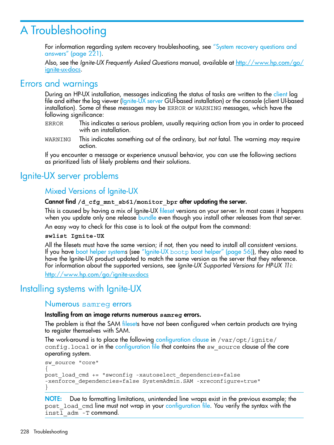 HP UX System Management Software manual Troubleshooting, Errors and warnings, Ignite-UX server problems 