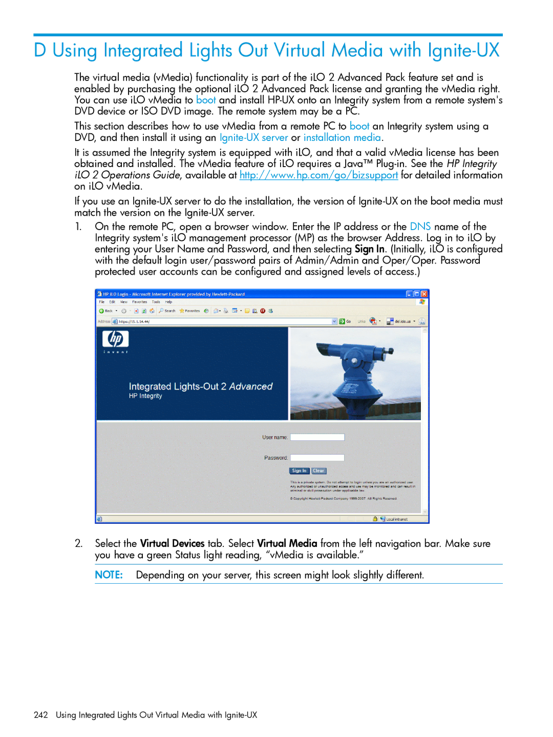 HP UX System Management Software manual Using Integrated Lights Out Virtual Media with Ignite-UX 