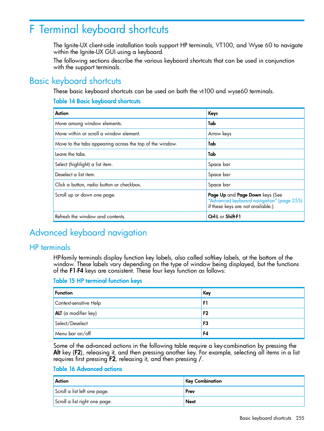 HP UX System Management Software manual Terminal keyboard shortcuts, Basic keyboard shortcuts, Advanced keyboard navigation 