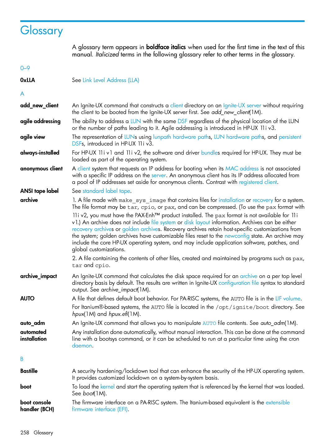 HP UX System Management Software manual Glossary, See Link Level Address LLA 