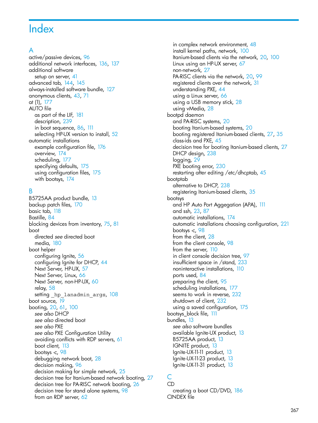 HP UX System Management Software manual Index, Setting hplanadminargs, 108 boot source 