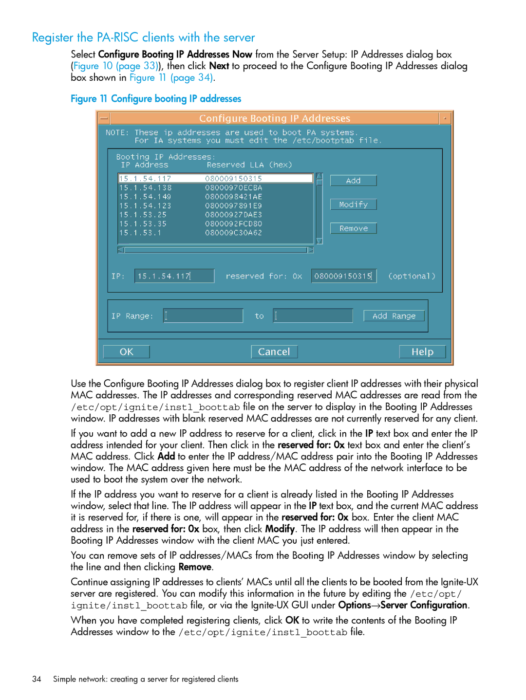 HP UX System Management Software manual Register the PA-RISC clients with the server, Configure booting IP addresses 