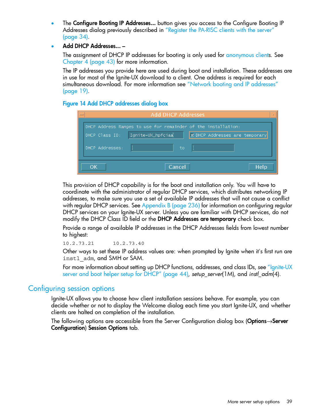 HP UX System Management Software manual Configuring session options, Add Dhcp addresses dialog box 