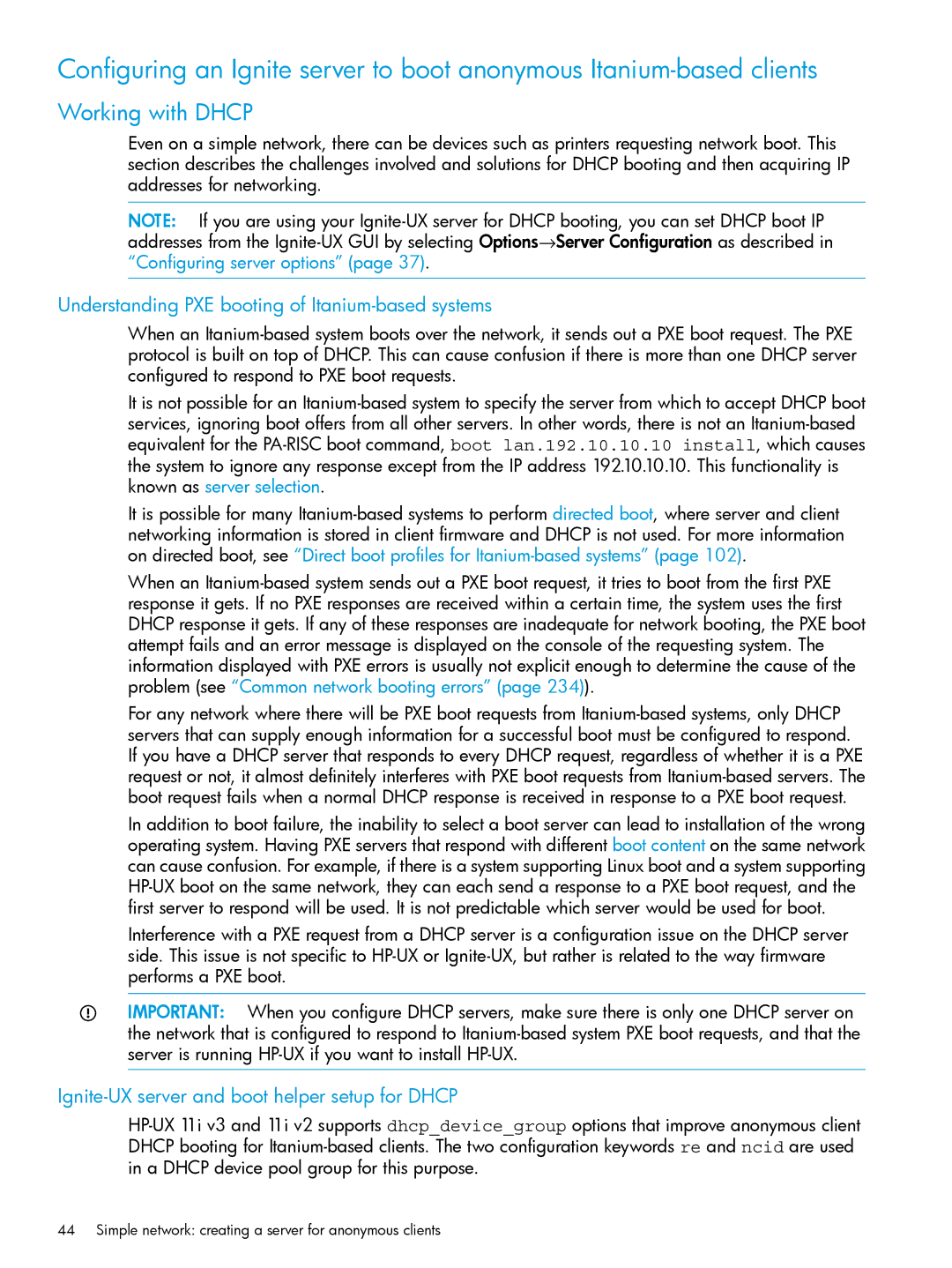 HP UX System Management Software manual Working with Dhcp, Understanding PXE booting of Itanium-based systems 