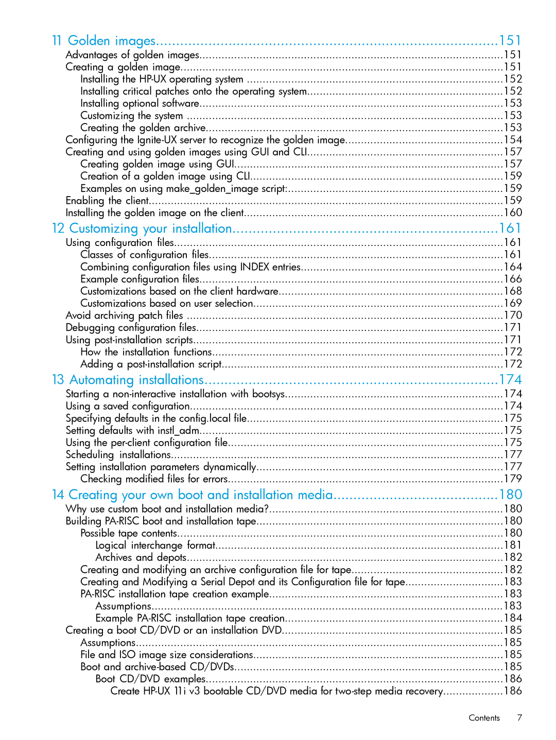 HP UX System Management Software manual Golden images 151, Customizing your installation 161, Automating installations 174 