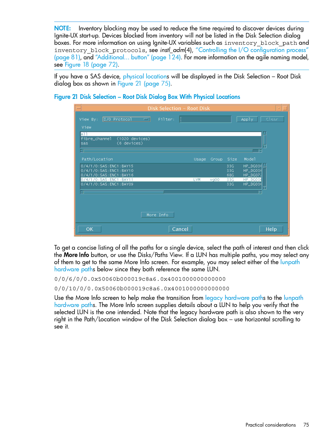 HP UX System Management Software manual Disk Selection Root Disk Dialog Box With Physical Locations 