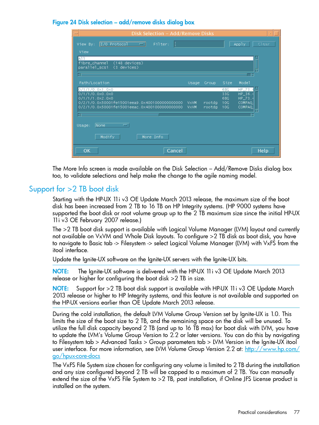 HP UX System Management Software manual Support for 2 TB boot disk, Disk selection add/remove disks dialog box 