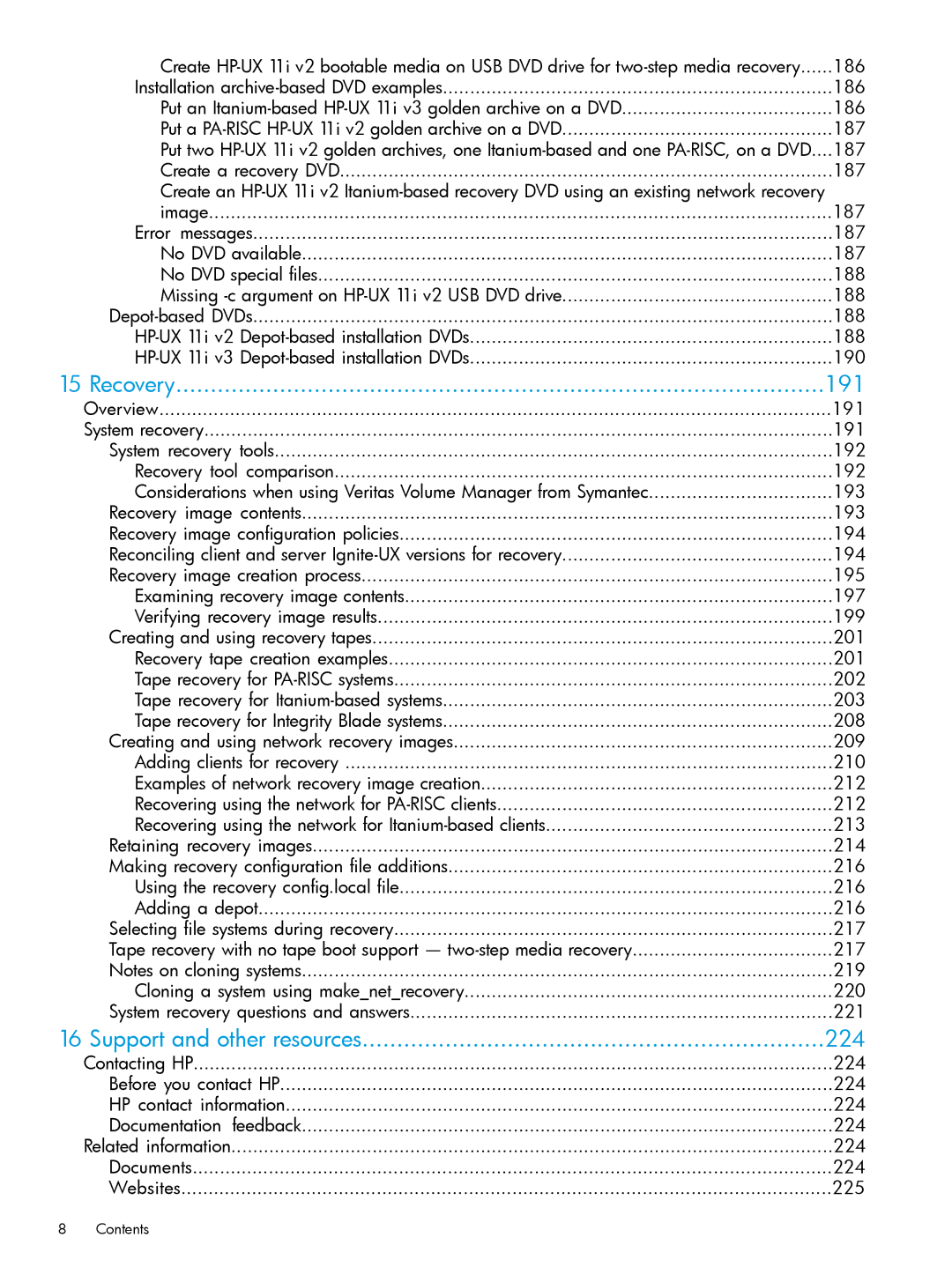 HP UX System Management Software manual Recovery 191, Support and other resources 224 