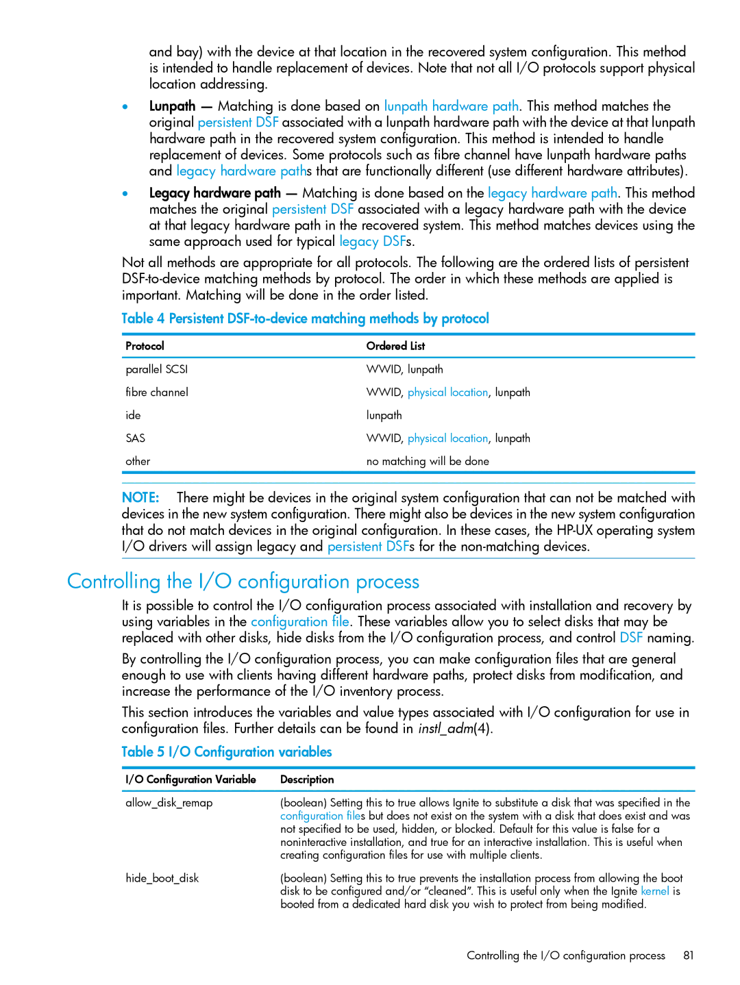 HP UX System Management Software manual Controlling the I/O configuration process, O Configuration variables 