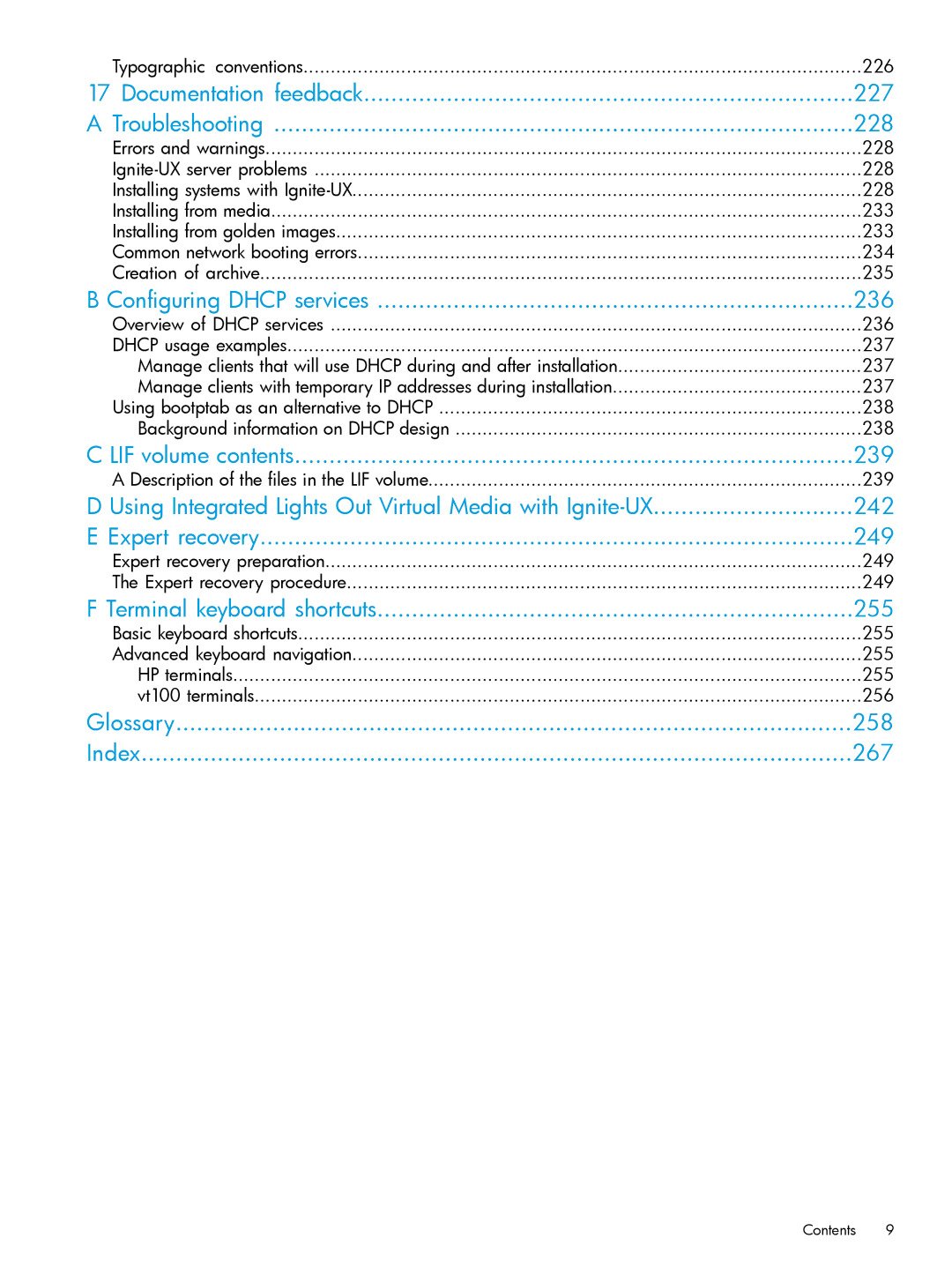 HP UX System Management Software manual Documentation feedback 227 Troubleshooting 228, Configuring Dhcp services 236 