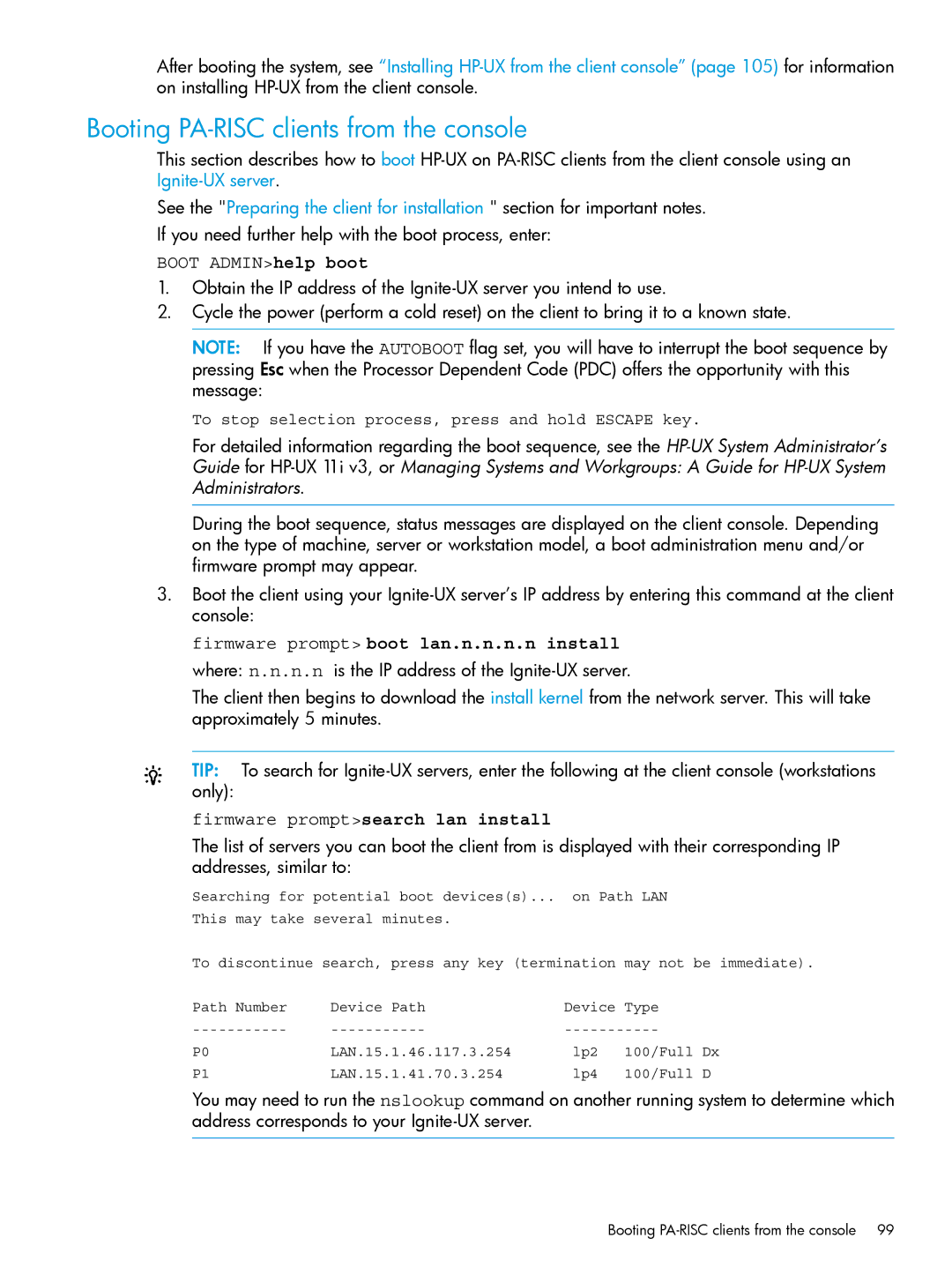 HP UX System Management Software manual Booting PA-RISC clients from the console, Boot ADMINhelp boot 