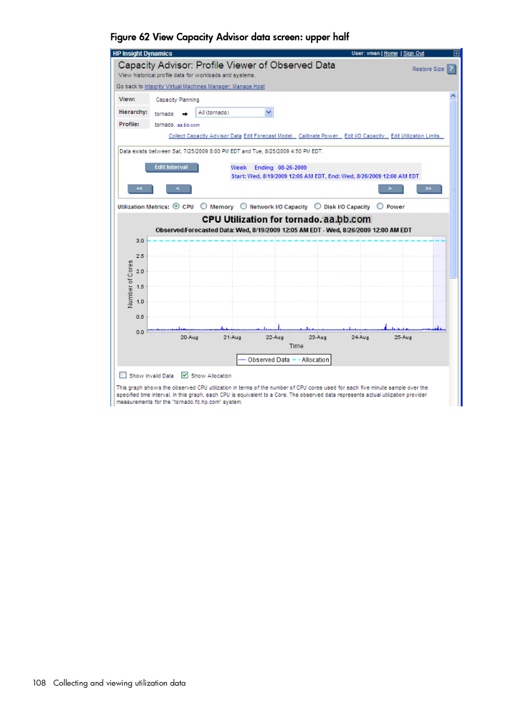 HP UX vPars and Integrity VM v6 manual View Capacity Advisor data screen upper half 