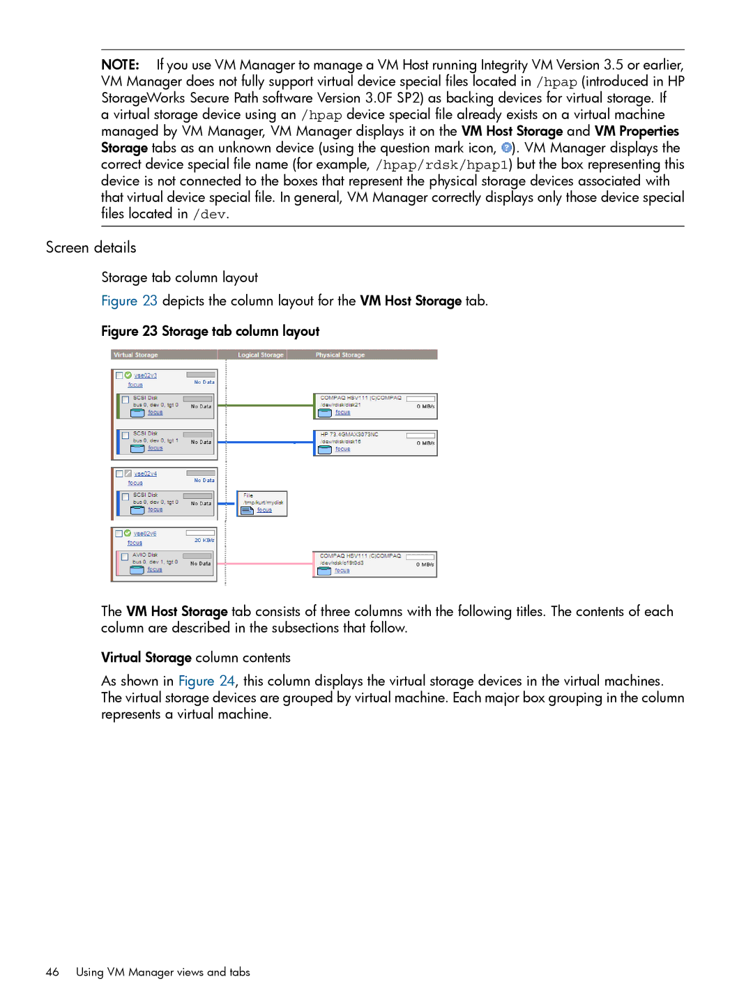 HP UX vPars and Integrity VM v6 manual Depicts the column layout for the VM Host Storage tab 