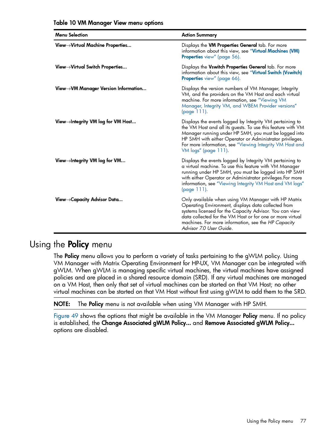 HP UX vPars and Integrity VM v6 manual Using the Policy menu, VM Manager View menu options 