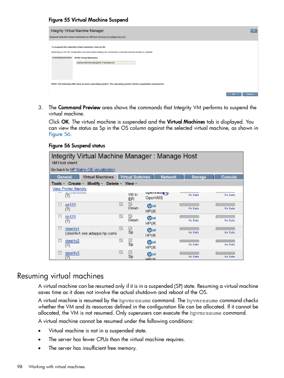 HP UX vPars and Integrity VM v6 manual Resuming virtual machines, Suspend status 