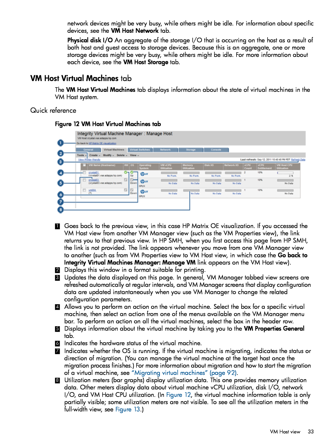 HP UX vPars and Integrity VM v6 manual VM Host Virtual Machines tab, Quick reference 