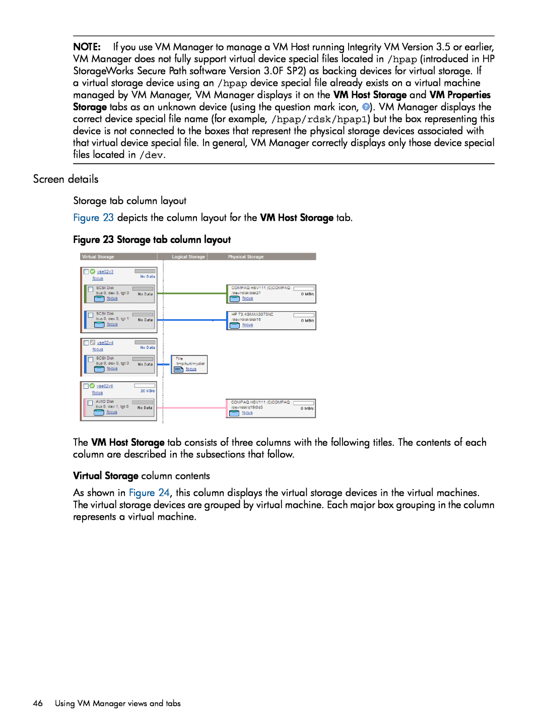 HP UX vPars and Integrity VM v6 manual Screen details, Storage tab column layout 