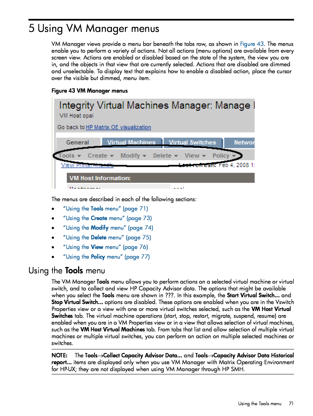 HP UX vPars and Integrity VM v6 manual Using VM Manager menus, Using the Tools menu 