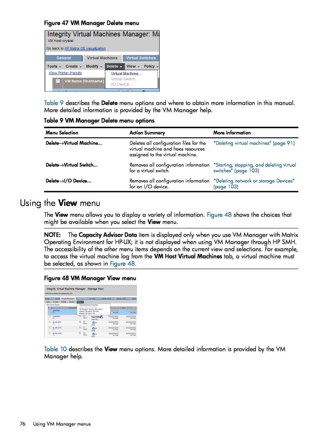 HP UX vPars and Integrity VM v6 manual Using the View menu 