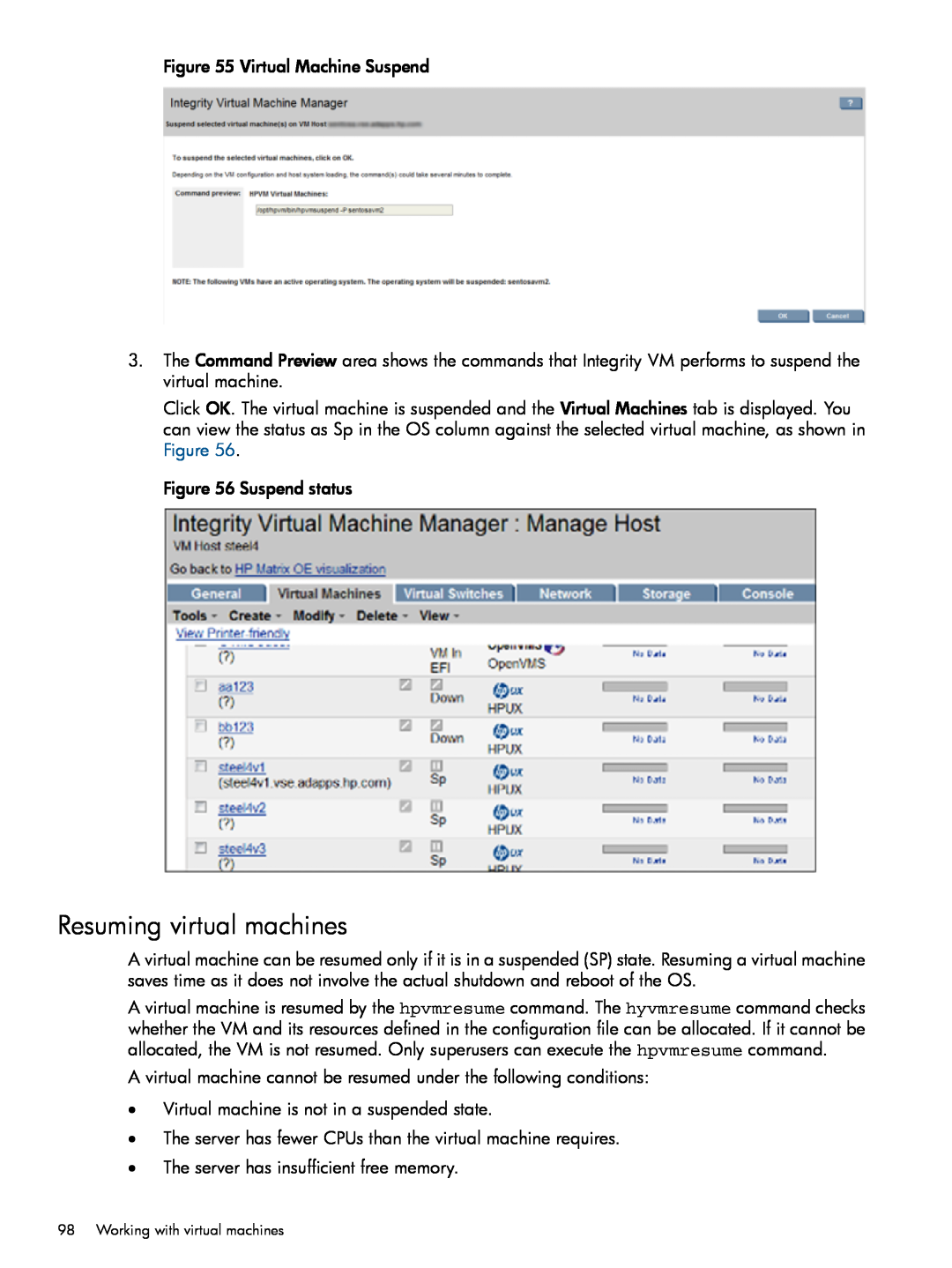 HP UX vPars and Integrity VM v6 manual Resuming virtual machines 