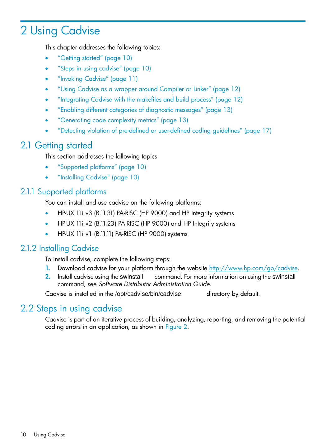 HP UX Web Development Tools Using Cadvise, Getting started, Steps in using cadvise, Supported platforms Installing Cadvise 