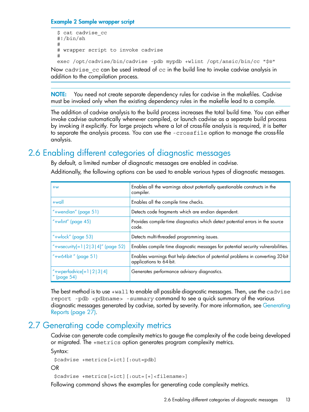 HP UX Web Development Tools manual Enabling different categories of diagnostic messages, Generating code complexity metrics 