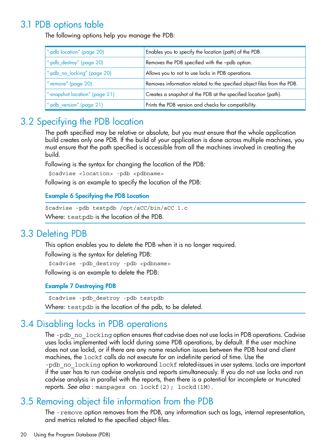 HP UX Web Development Tools manual PDB options table, Specifying the PDB location, Deleting PDB 