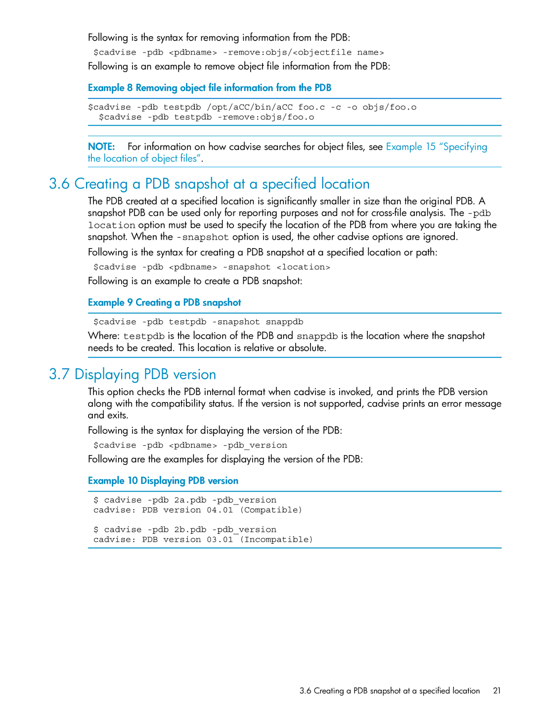 HP UX Web Development Tools manual Creating a PDB snapshot at a specified location, Displaying PDB version 