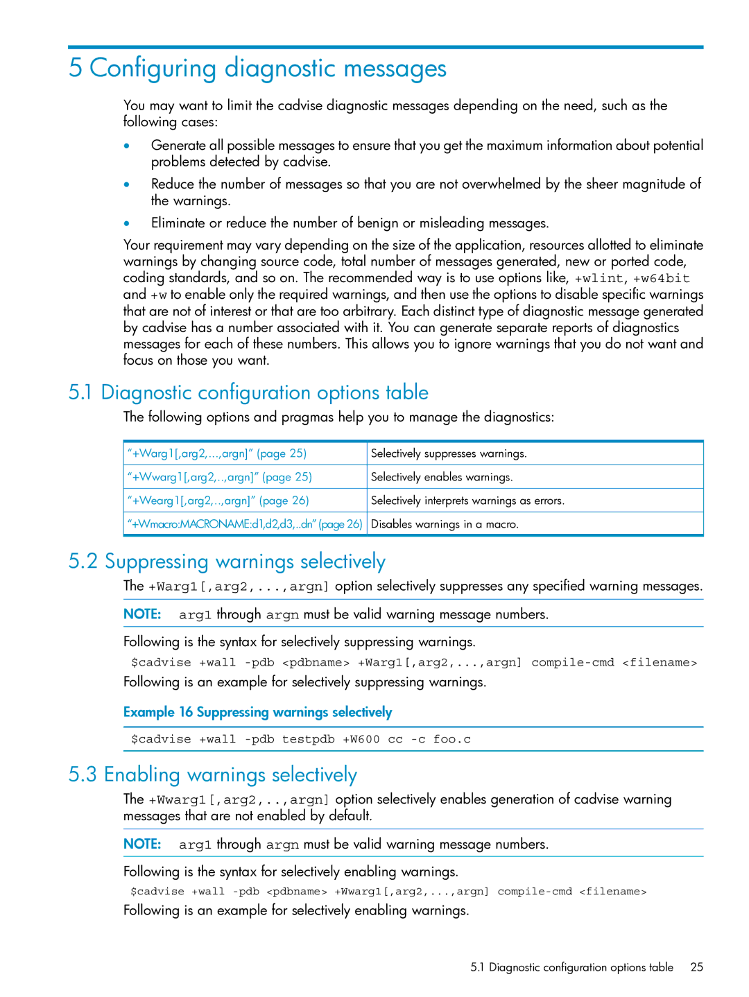 HP UX Web Development Tools manual Configuring diagnostic messages, Diagnostic configuration options table 