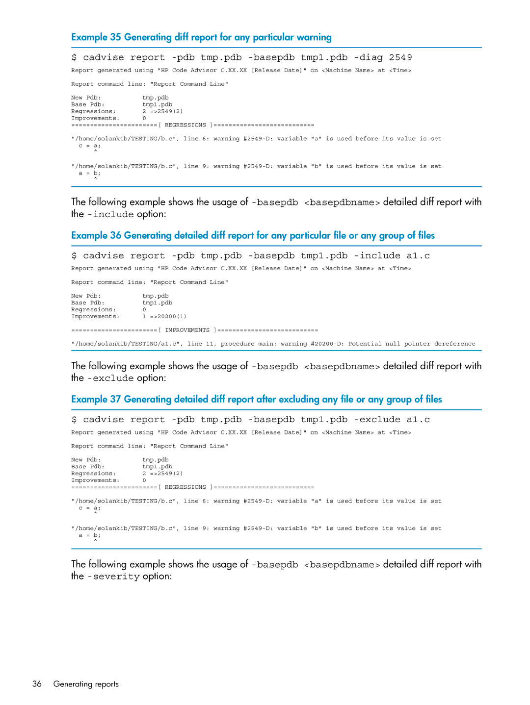 HP UX Web Development Tools manual Example 35 Generating diff report for any particular warning 