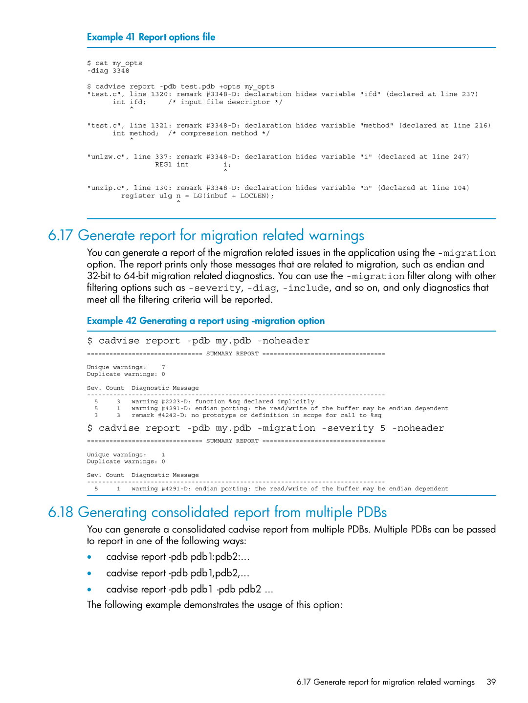 HP UX Web Development Tools manual Generate report for migration related warnings, Example 41 Report options file 