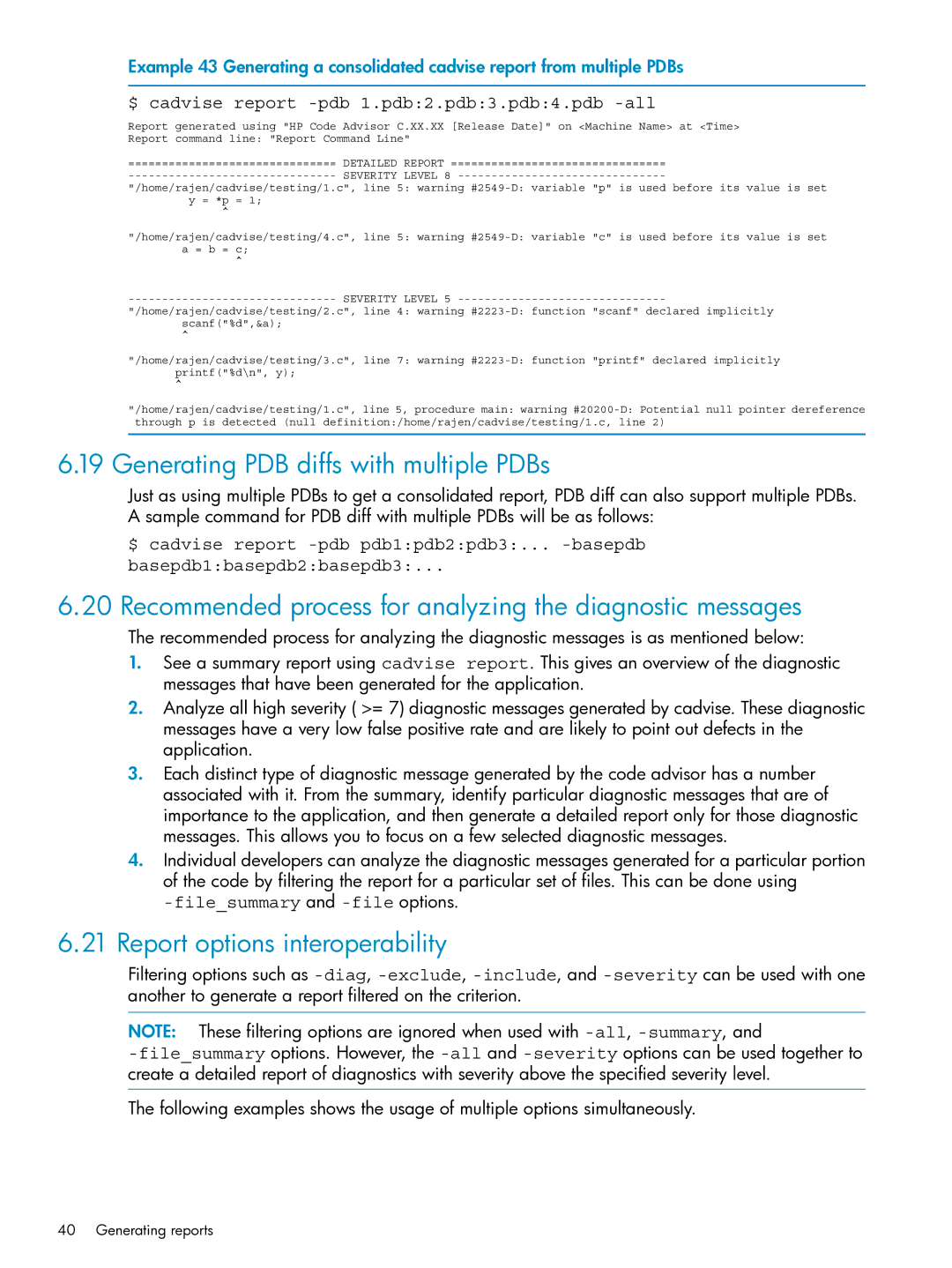 HP UX Web Development Tools manual Generating PDB diffs with multiple PDBs, Report options interoperability 