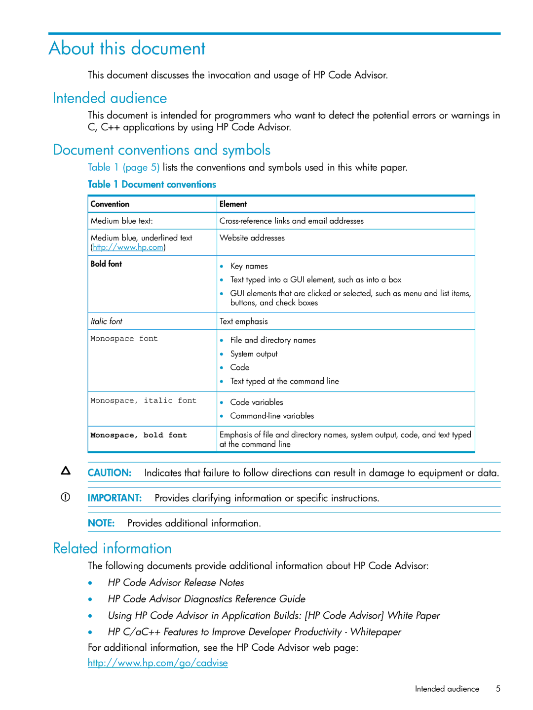 HP UX Web Development Tools About this document, Intended audience, Document conventions and symbols, Related information 