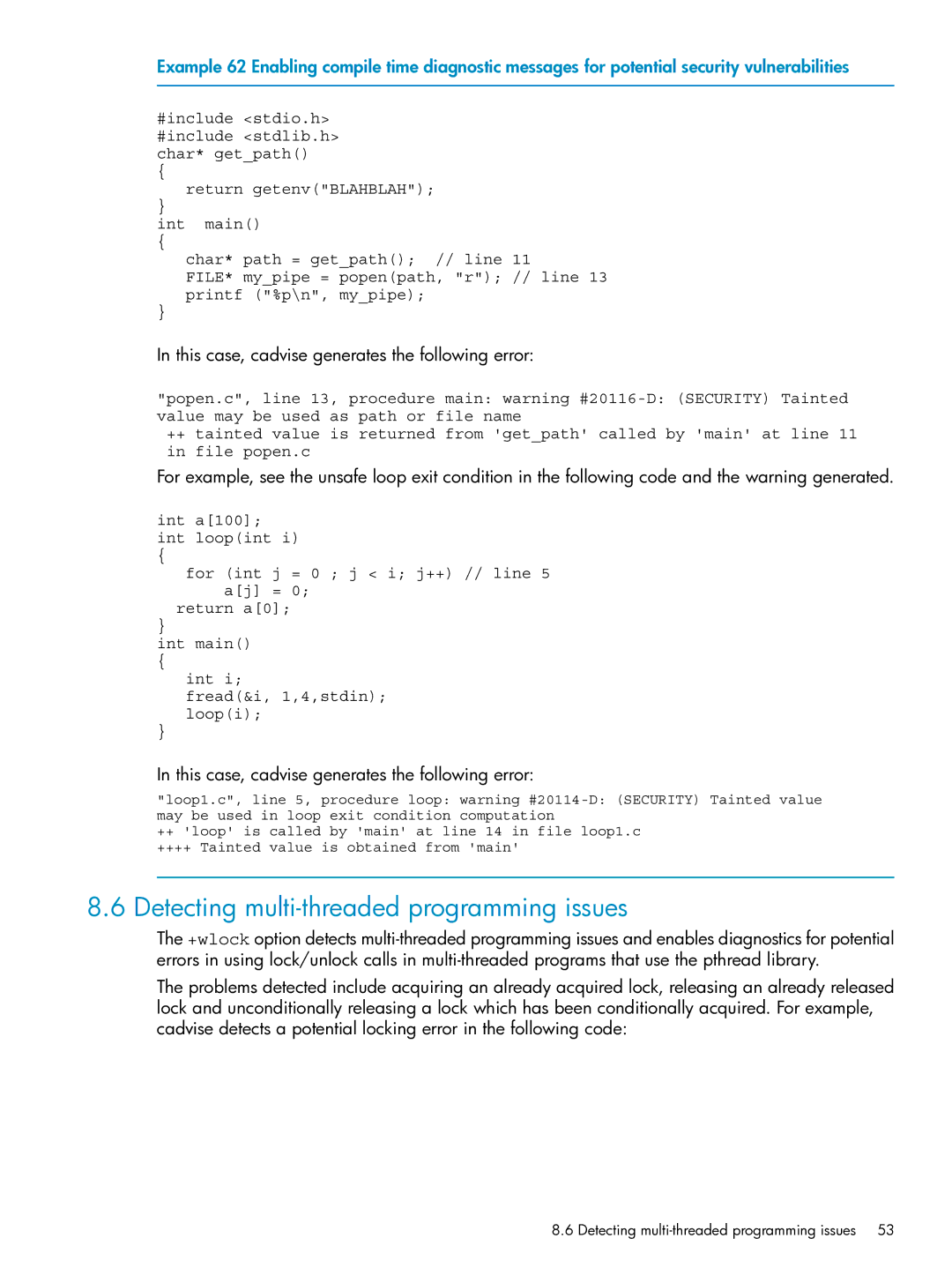 HP UX Web Development Tools Detecting multi-threaded programming issues, This case, cadvise generates the following error 