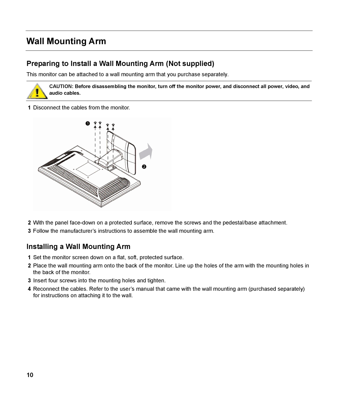 HP v185w 18.5-inch manual Preparing to Install a Wall Mounting Arm Not supplied, Installing a Wall Mounting Arm 