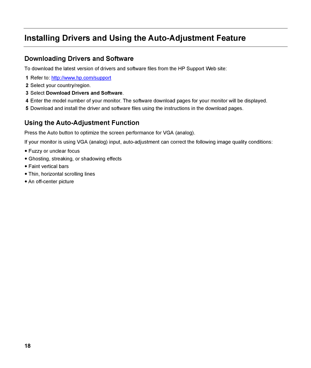 HP v185w 18.5-inch manual Installing Drivers and Using the Auto-Adjustment Feature, Downloading Drivers and Software 