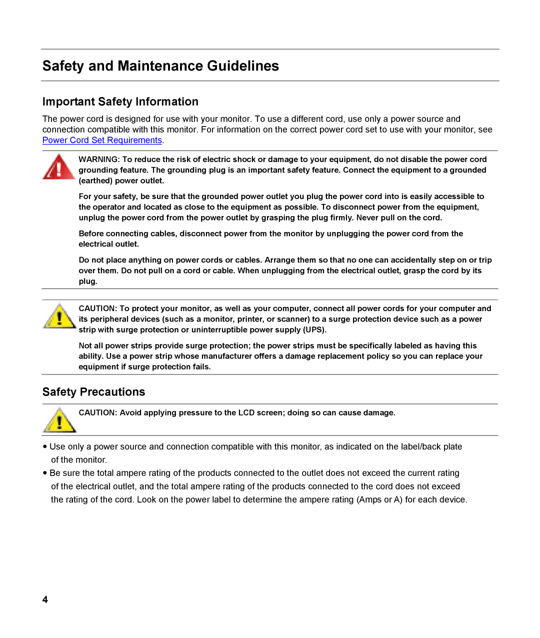 HP v185w 18.5-inch manual Safety and Maintenance Guidelines, Important Safety Information, Safety Precautions 