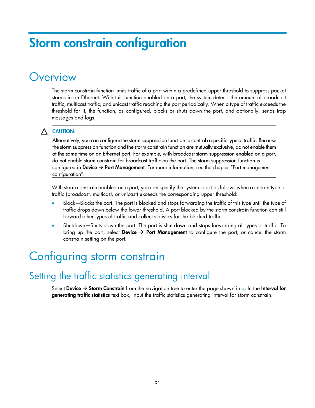 HP V1910 manual Storm constrain configuration, Configuring storm constrain 