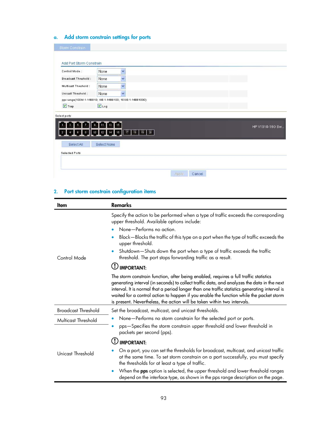 HP V1910 Upper threshold. Available options include, ∙ None-Performs no action, Thresholds for at least a type of traffic 