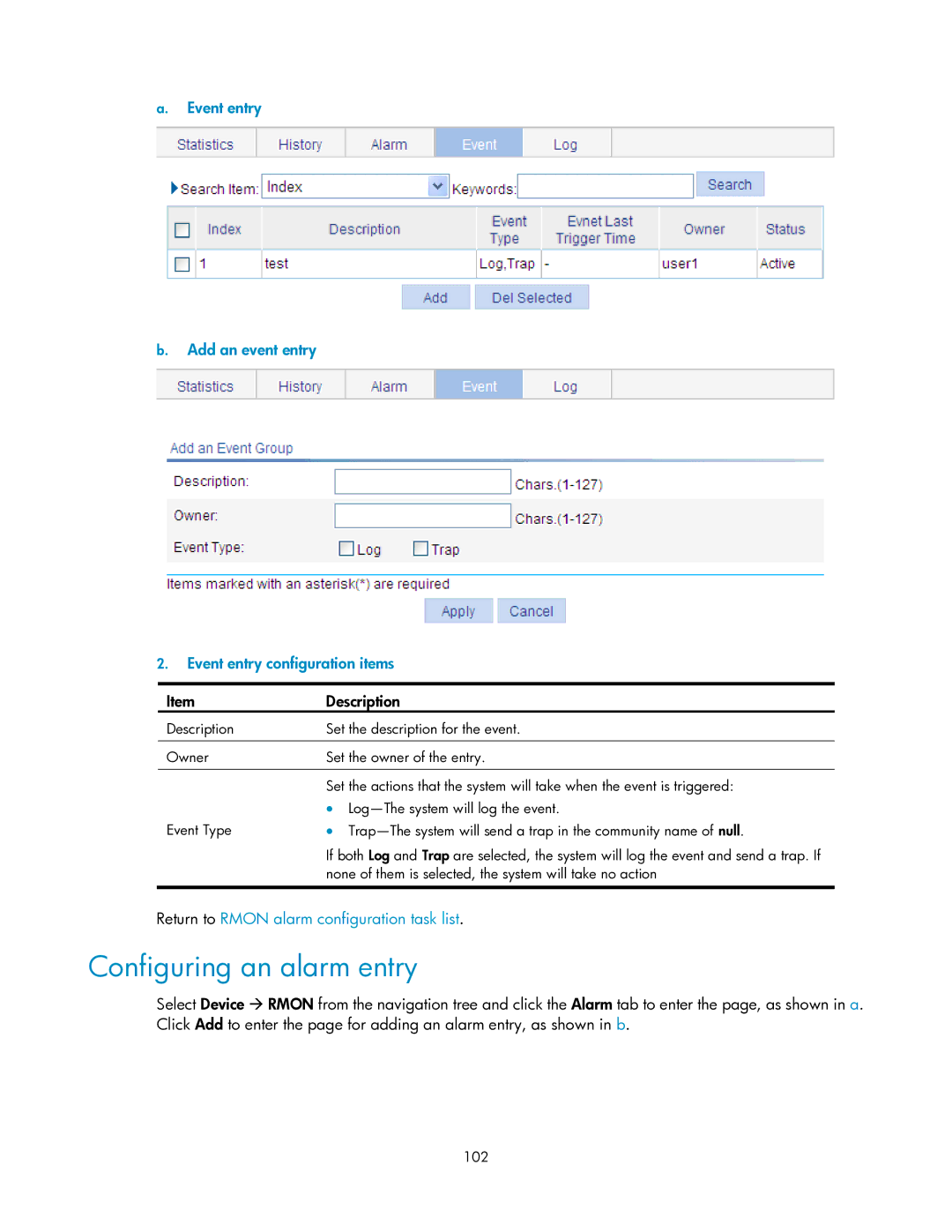 HP V1910 manual Configuring an alarm entry, Return to Rmon alarm configuration task list, 102 