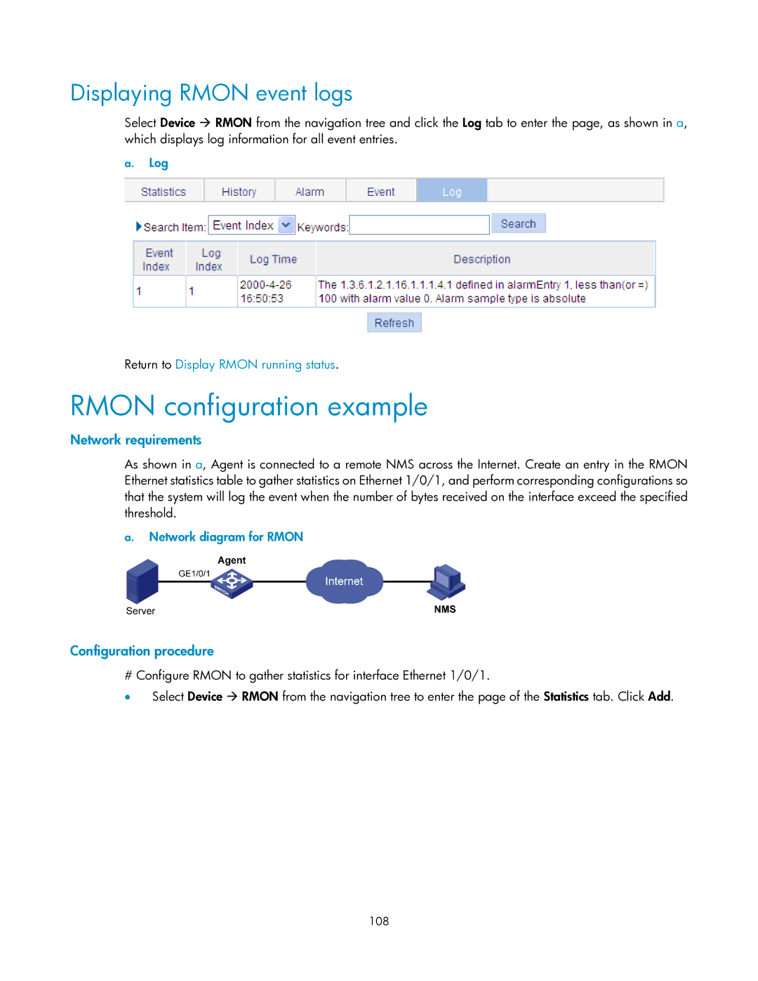 HP V1910 manual Rmon configuration example, Displaying Rmon event logs, Log Return to Display Rmon running status, 108 